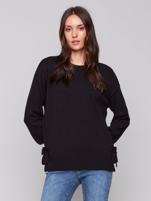 CHARLIE B C2725 CREW NECK SWEATER WITH SIDE BOW DETAILS- 2 COLOURS