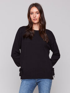 CHARLIE B C2725 CREW NECK SWEATER WITH SIDE BOW DETAILS- 2 COLOURS