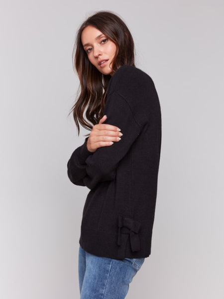 CHARLIE B C2725 CREW NECK SWEATER WITH SIDE BOW DETAILS- 2 COLOURS