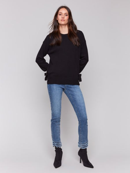 CHARLIE B C2725 CREW NECK SWEATER WITH SIDE BOW DETAILS- 2 COLOURS