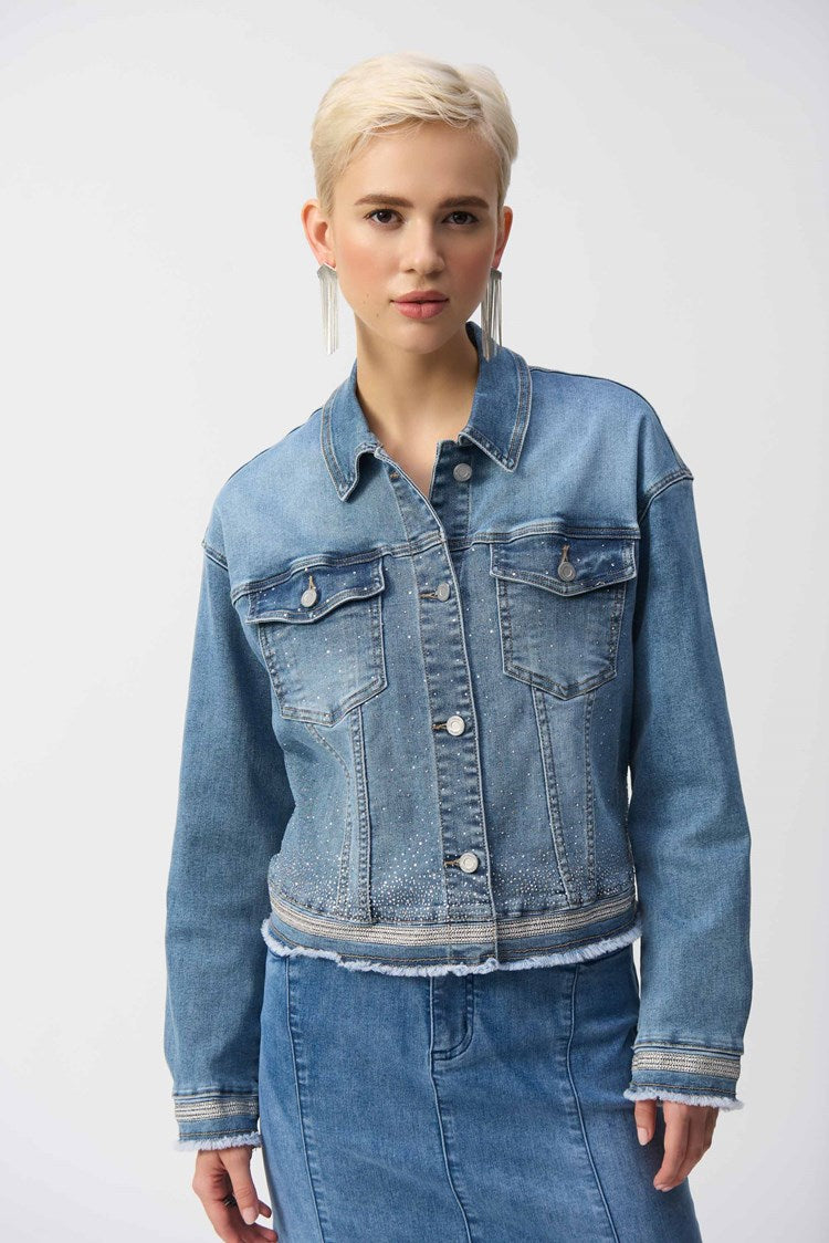 JOSEPH RIBKOFF 251953 STRETCH DENIM JACKET WITH EMBRODIERY