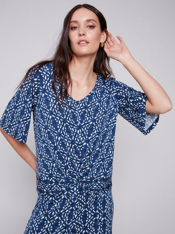 CHARLIE B C1360P PRINTED V NECK TOP WITH KNOT