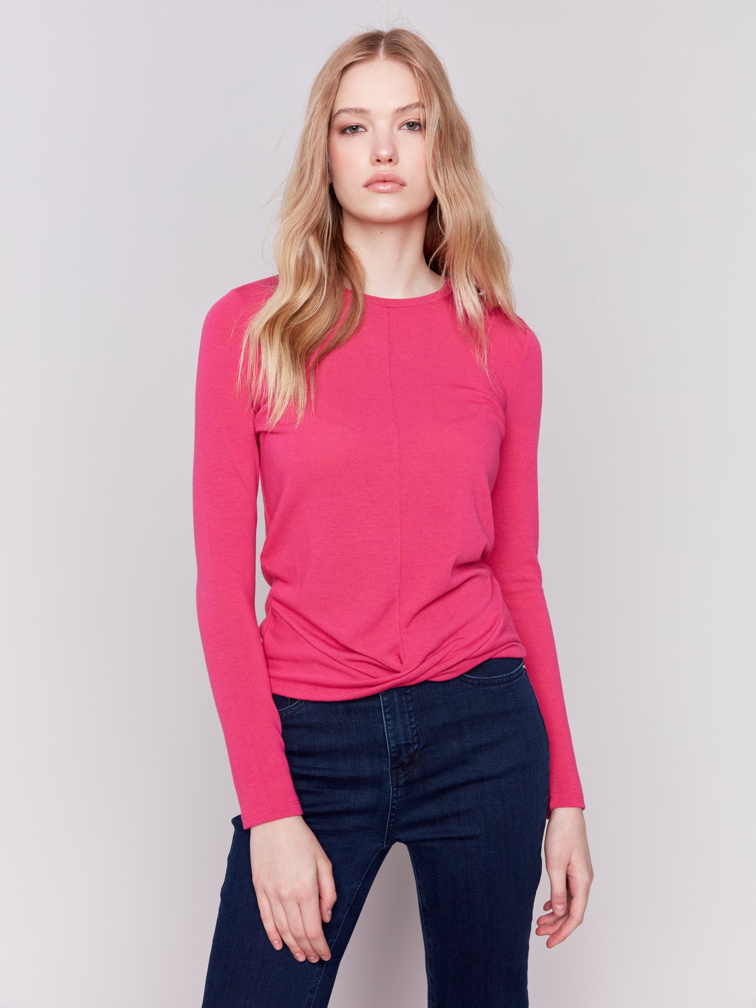 CHARLIE B C1373PK SOFT JERSEY BASIC TOP WITH FRONT KNOT- 4 COLOURS