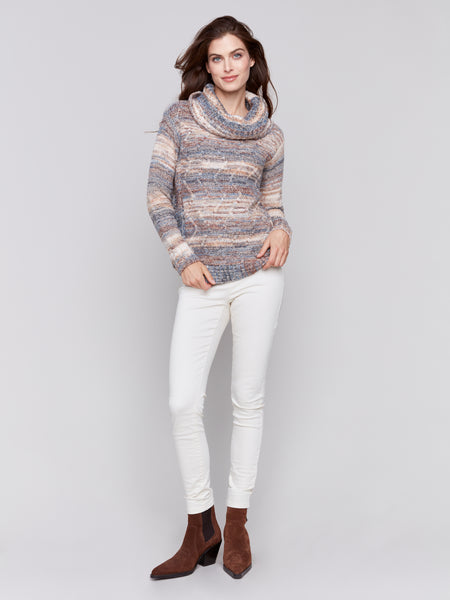 CHARLIE B C2316RR TWO-TONED YARN COWL-NECK SWEATER