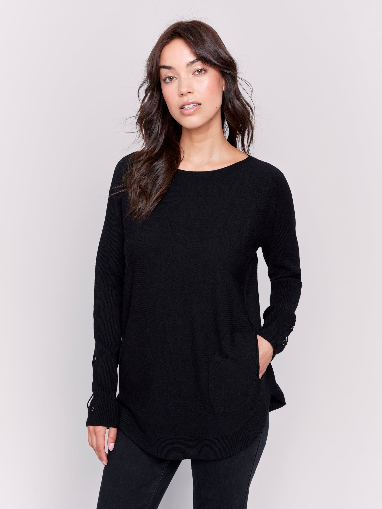 CHARLIE B C2380W CUFF LACE-UP DETAIL SWEATER -5 COLOURS