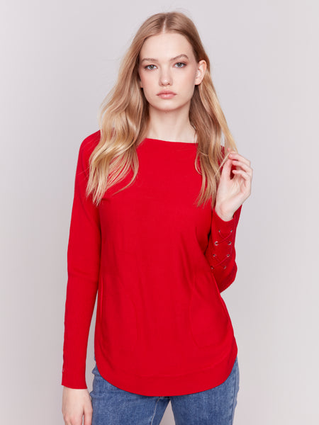 CHARLIE B C2380W CUFF LACE-UP DETAIL SWEATER -5 COLOURS