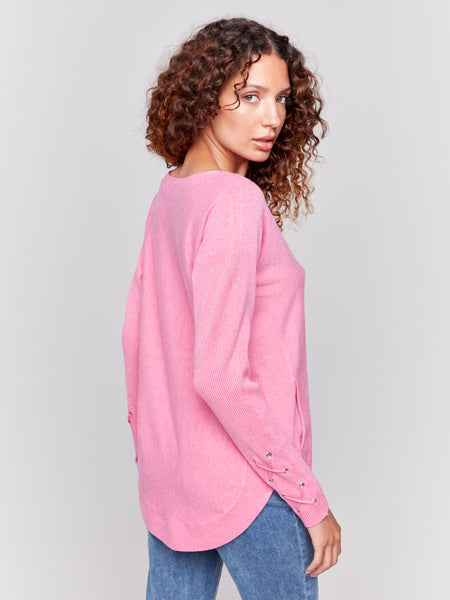 CHARLIE B C2380W CUFF LACE-UP DETAIL SWEATER -5 COLOURS