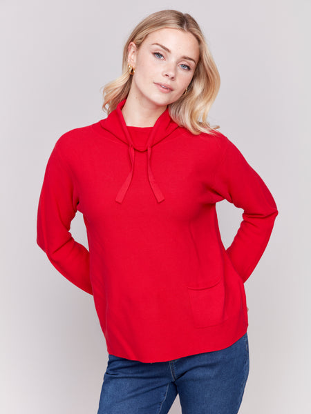 CHARLIE B C2419W SOLID OTTOMAN COTTON FUNNEL NECK SWEATER WITH POCKET DETAIL