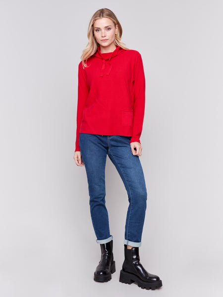 CHARLIE B C2419W SOLID OTTOMAN COTTON FUNNEL NECK SWEATER WITH POCKET DETAIL