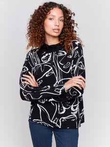 CHARLIE B C2419WP PRINTED OTTOMAN COTTON FUNNEL NECK SWEATER WITH POCKET DETAIL