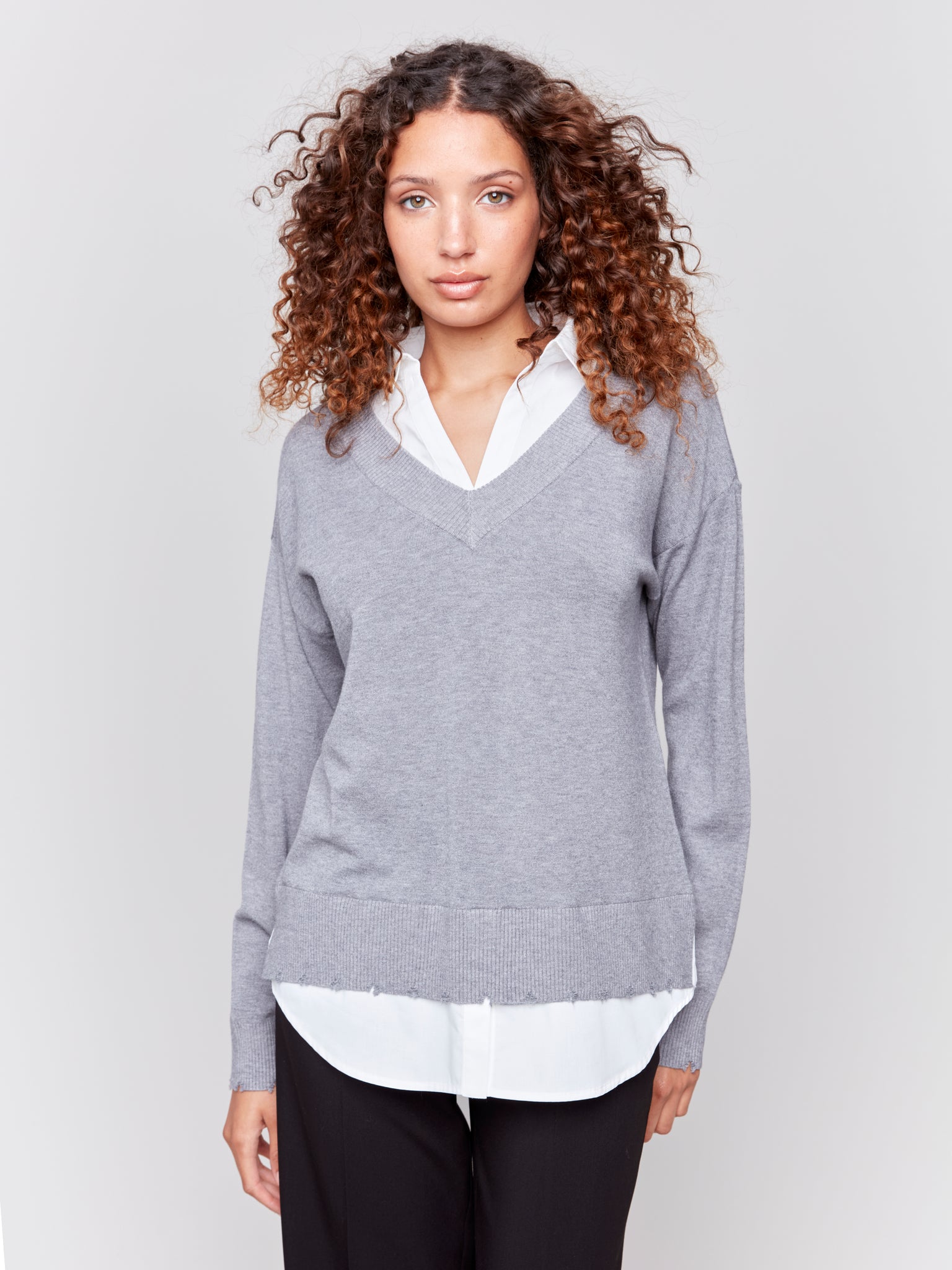 CHARLIE B C2568R V-NECK SWEATER WITH ROUND SHIRT COLLAR- 2 COLOURS