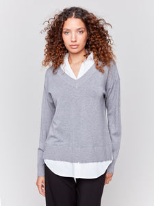 CHARLIE B C2568R V-NECK SWEATER WITH ROUND SHIRT COLLAR- 2 COLOURS