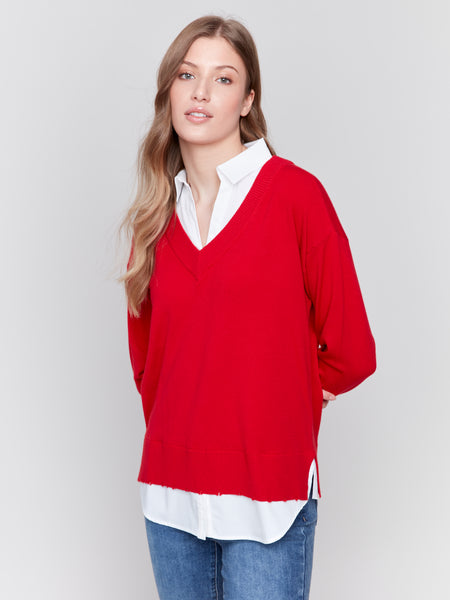 CHARLIE B C2568R V-NECK SWEATER WITH ROUND SHIRT COLLAR- 2 COLOURS