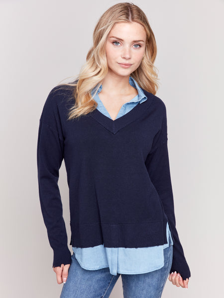 CHARLIE B C2568T V-NECK SWEATER WITH ROUND SHIRT COLLAR