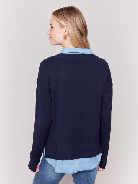 CHARLIE B C2568T V-NECK SWEATER WITH ROUND SHIRT COLLAR