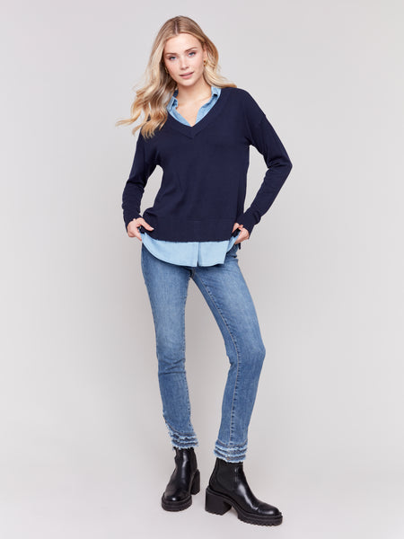 CHARLIE B C2568T V-NECK SWEATER WITH ROUND SHIRT COLLAR