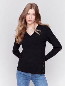 CHARLIE B C2569R PLUSHY KNIT V-NECK WITH GROMMETS AT SIDE PLACKET- 2 COLOURS