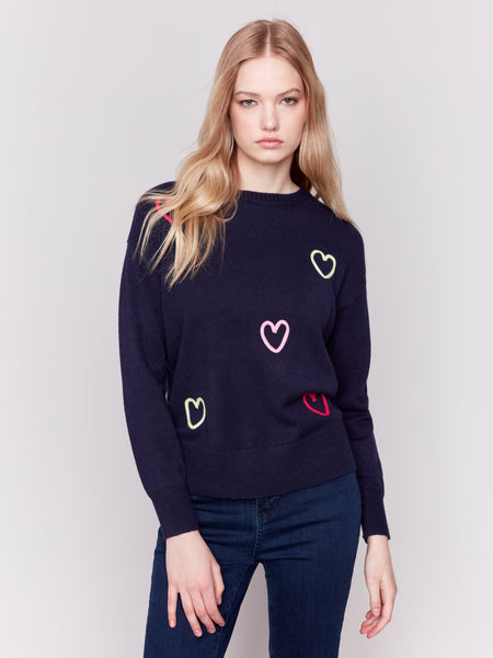 CHARLIE B C2605R SWEATER WITH EMBROIDERED HEARTS