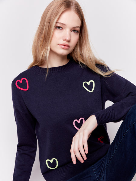 CHARLIE B C2605R SWEATER WITH EMBROIDERED HEARTS