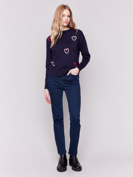 CHARLIE B C2605R SWEATER WITH EMBROIDERED HEARTS