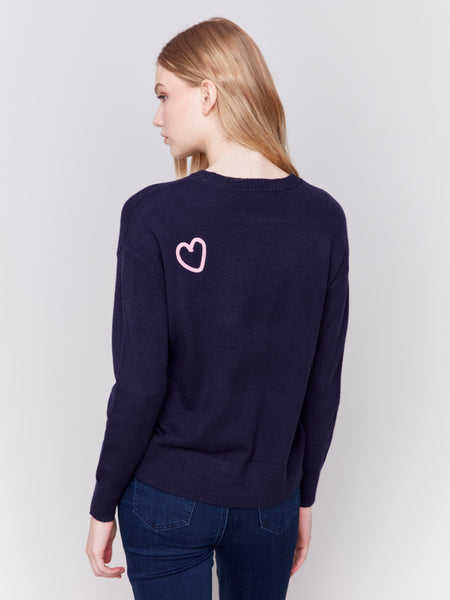 CHARLIE B C2605R SWEATER WITH EMBROIDERED HEARTS