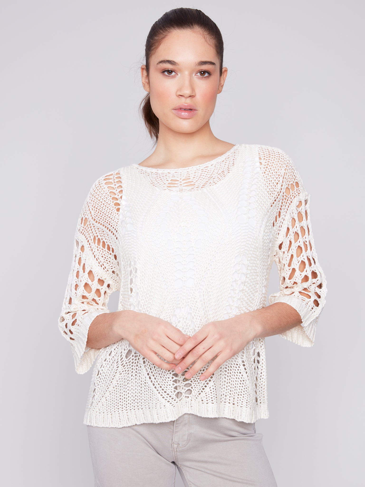 CHARLIE B C2622 CROCHET SWEATER WITH FANCY STITCH- 2 COLOURS