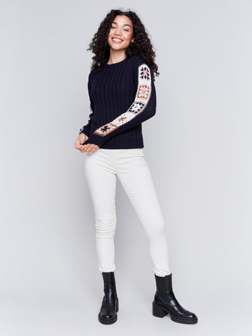 CHARLIE B C2623 CROCHET SLEEVE SWEATER