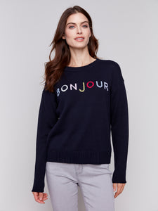 CHARLIE B C2648 CABLE KNIT BASIC SWEATER WITH COLOURFUL LETTERS