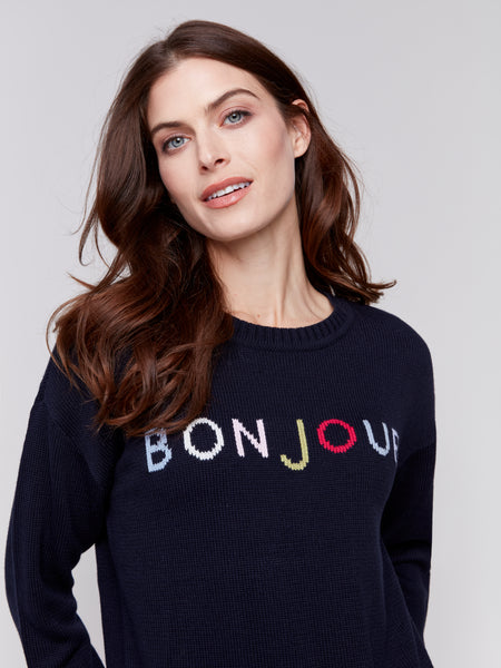 CHARLIE B C2648 CABLE KNIT BASIC SWEATER WITH COLOURFUL LETTERS