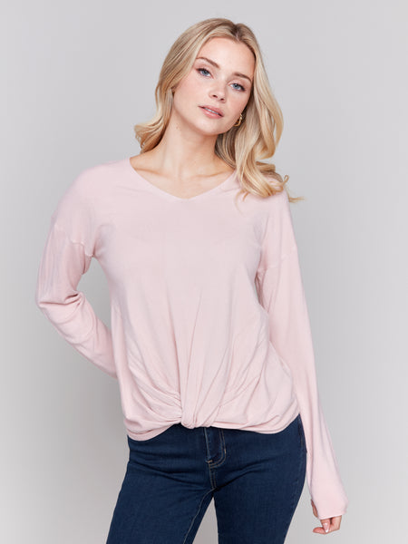 CHARLIE B C2672 BASIC TOP LONG SLEEVE WITH FRONT KNOT- 2 COLOURS