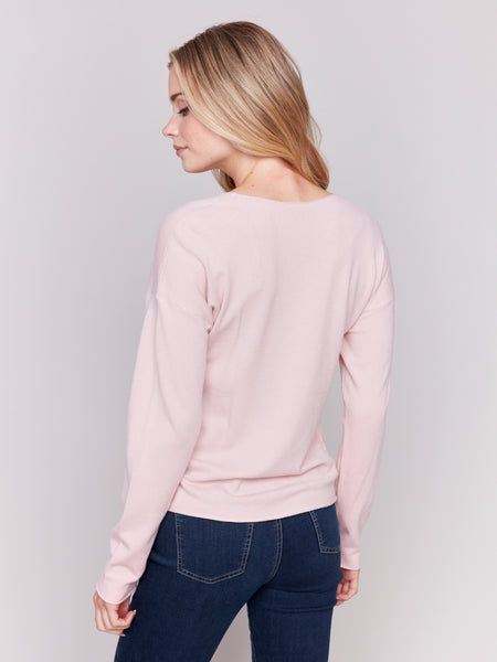 CHARLIE B C2672 BASIC TOP LONG SLEEVE WITH FRONT KNOT- 2 COLOURS