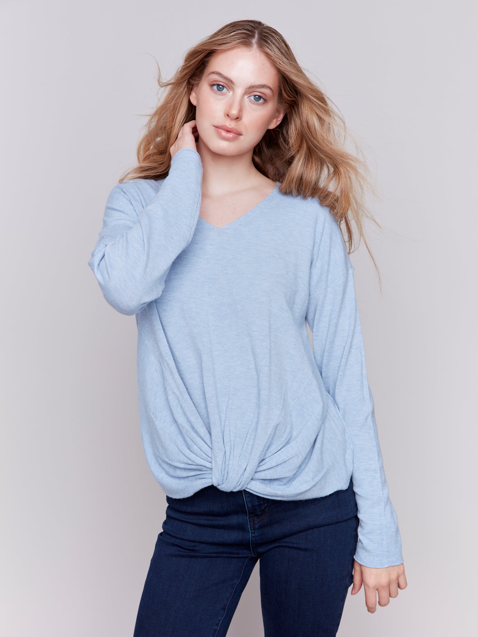 CHARLIE B C2672 BASIC TOP LONG SLEEVE WITH FRONT KNOT- 2 COLOURS