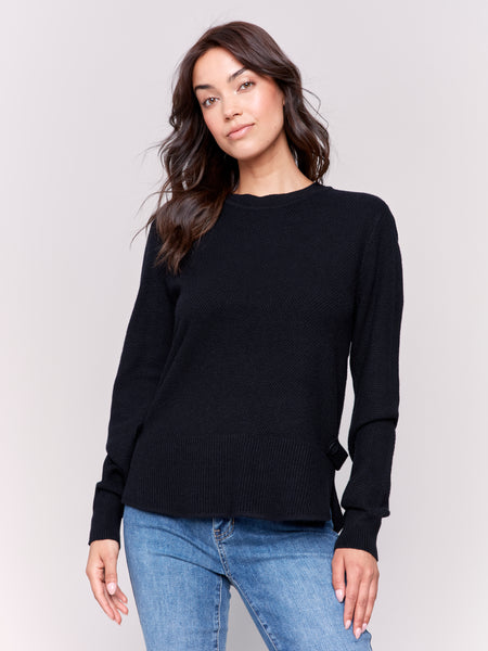 CHARLIE B C2678 ROUND HEM SWEATER WITH SIDE TAB AND BUTTON- 2 COLOURS