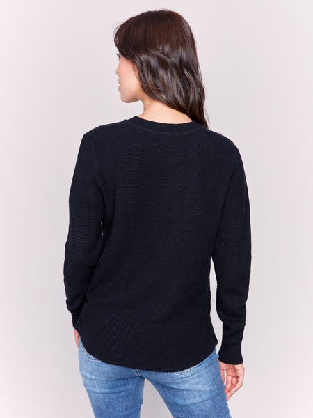 CHARLIE B C2678 ROUND HEM SWEATER WITH SIDE TAB AND BUTTON- 2 COLOURS