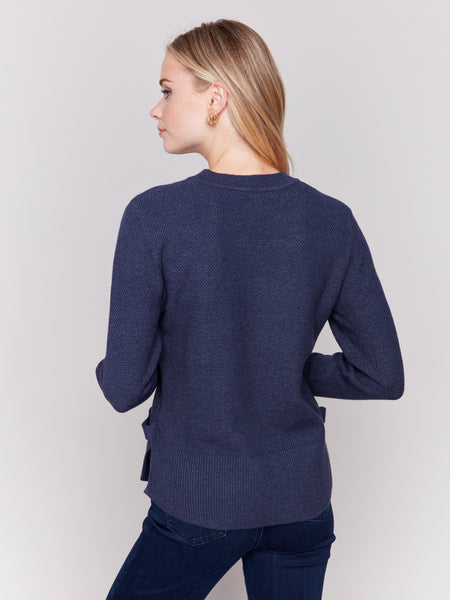 CHARLIE B C2678 ROUND HEM SWEATER WITH SIDE TAB AND BUTTON- 2 COLOURS