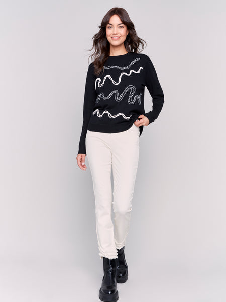 CHARLIE B C2680 JACQUARD KNIT ROUND HEM SWEATER