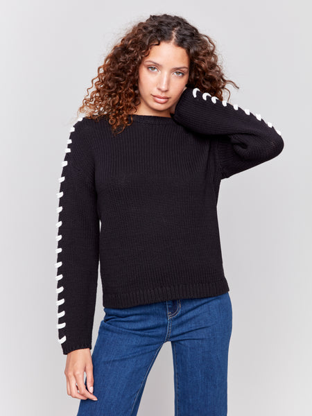 CHARLIE B C2697 COTTON KNIT SWEATER WITH SHOULDER STITCH DETAILS