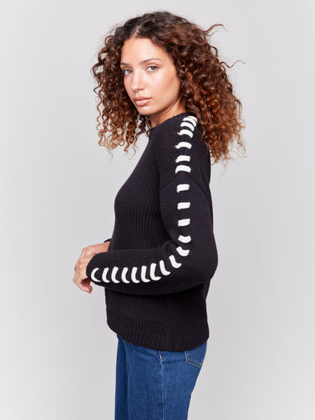 CHARLIE B C2697 COTTON KNIT SWEATER WITH SHOULDER STITCH DETAILS