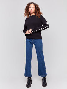 CHARLIE B C2697 COTTON KNIT SWEATER WITH SHOULDER STITCH DETAILS