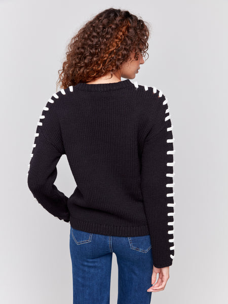 CHARLIE B C2697 COTTON KNIT SWEATER WITH SHOULDER STITCH DETAILS