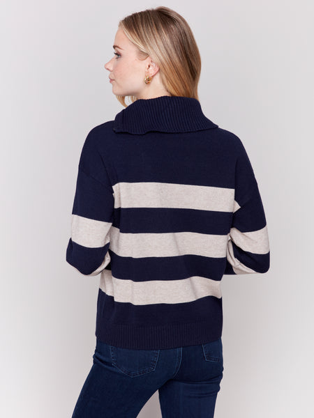 CHARLIE B C2698 STRIPES TURTLE NECK SWEATER WITH SIDE ZIPPER- 2 COLOURS