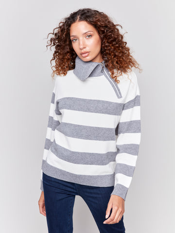 CHARLIE B C2698 STRIPES TURTLE NECK SWEATER WITH SIDE ZIPPER- 2 COLOURS