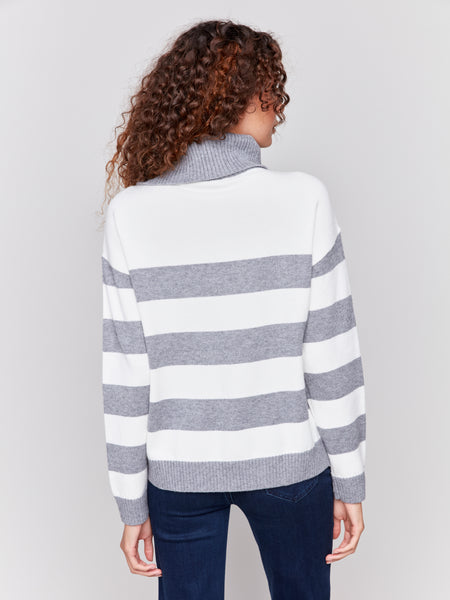 CHARLIE B C2698 STRIPES TURTLE NECK SWEATER WITH SIDE ZIPPER- 2 COLOURS