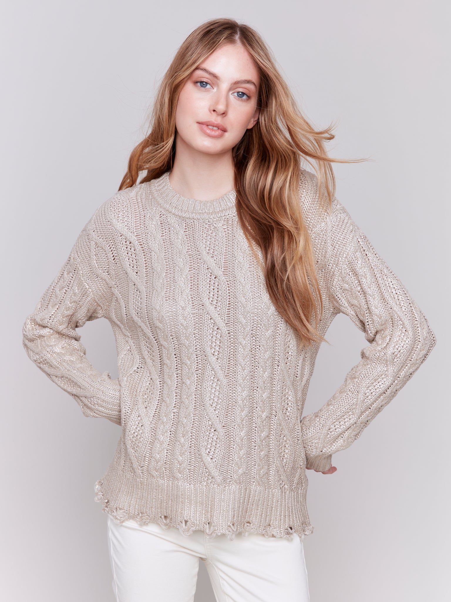 CHARLIE B C2716 METALLIC CABLE KNIT SWEATER