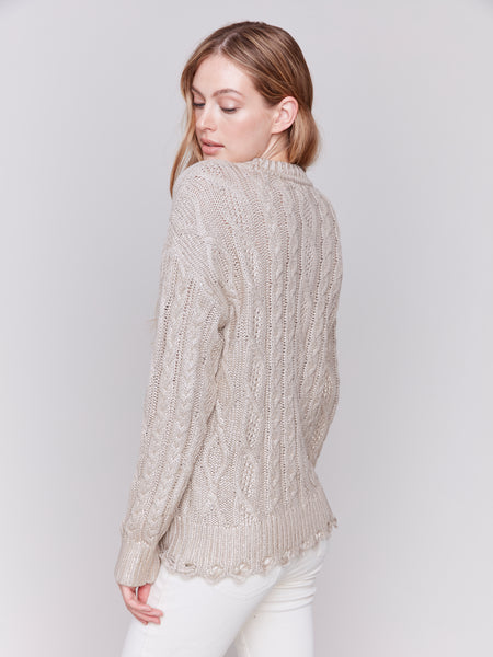 CHARLIE B C2716 METALLIC CABLE KNIT SWEATER