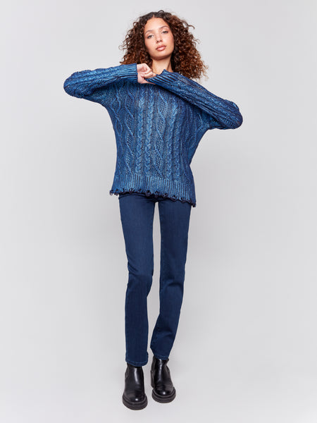 CHARLIE B C2716P METTALLIC CABLE KNIT SWEATER