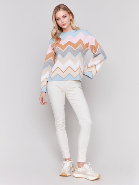 CHARLIE B C2721 CHEVRON KNIT BELL SLEEVE SWEATER