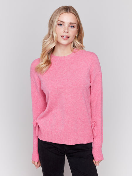 CHARLIE B C2725 CREW NECK SWEATER WITH SIDE BOW DETAILS- 2 COLOURS