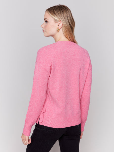 CHARLIE B C2725 CREW NECK SWEATER WITH SIDE BOW DETAILS- 2 COLOURS