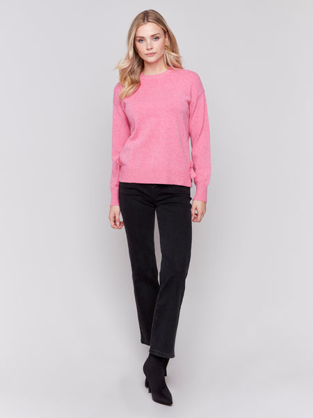 CHARLIE B C2725 CREW NECK SWEATER WITH SIDE BOW DETAILS- 2 COLOURS